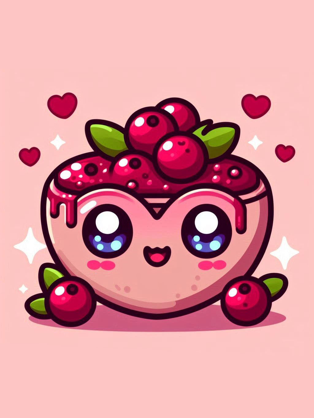 thanksgiving love drawing ideas featuring a cute heart-shaped cranberry sauce bowl with smiling face, surrounded by small hearts and cranberries on a soft pink background.